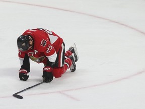 The Ottawa Senators took on the Toronto Maple Leafs at the Canadian Tire Centre in Ottawa Ontario Saturday Feb 6, 2016. Senators Chris Neil gets hit with a slap shot during second period action in Ottawa Saturday. Tony Caldwell