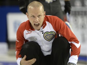 Team Canada skip Pat Simmons yells during a draw against Quebec at the Tim Hortons Brier in Ottawa on Saturday, March 5, 2016.