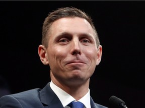 Ontario Progressive Conservative Leader Patrick Brown smiles after delivering a speech at the Ontario Progressive Conservative convention in Ottawa, Saturday , March 5, 2016.