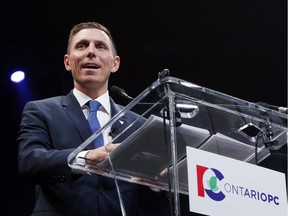 Ontario Progressive Conservative Leader Patrick Brown delivers a speech at the Ontario Progressive Conservative convention in Ottawa on Saturday, March 5, 2016. 'Never again,' Brown vowed, 'will our candidates and volunteers have to defend faith-based funding or 100,000 job cuts at the front doors of Ontario’s voters.'