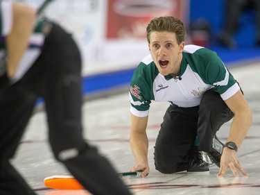 PEI skip Adam Casey shouts as the Tim Horton's Brier continues on Sunday at TD Place in Ottawa.