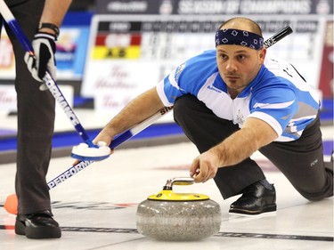 Philippe Ménard, Lead of Team Quebec, throws his rock against Team Canada at the Tim Hortons Brier at TD Place in Ottawa, March 05, 2016.