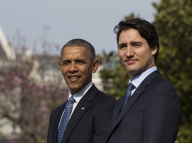 WASHINGTON, DC - MARCH 10:  U.S. President Barack Obama welcomes Canadian Prime Minister Justin Trudeau during an arrival ceremony on the South Lawn of the White House, March 10, 2016 in Washington, DC. This is Trudeau's first trip to Washington since becoming Prime Minister.
