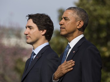 U.S. President Barack Obama welcomes Canadian Prime Minister Justin Trudeau during an arrival ceremony on the South Lawn of the White House, March 10, 2016 in Washington, DC. This is Trudeau's first trip to Washington since becoming Prime Minister.