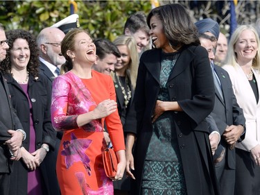 First Lady Michelle Obama and Sophie Grégoire-Trudeau share a laugh during a ceremony at the White House for an Official Visit March 10, 2016 in Washington, DC. This is Trudeau's first trip to Washington since becoming Prime Minister.
