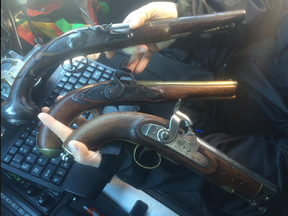 These apparently genuine pistols were seized by OPP in a traffic stop in Gananoque.