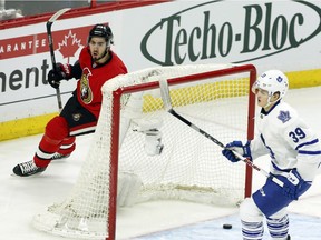 The Ottawa Senators' Mika Zibanejad celebrates his goal as the Toronto Maple Leafs' William Nylander looks on during the first period at the Canadian Tire Centre on Saturday, March 12, 2016.