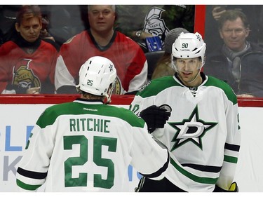 Dallas Stars' Jason Spezza (90) celebrates his goal against the Ottawa Senators with teammate Brett Ritchie (25) during second period NHL hockey action, in Ottawa on Sunday, Mar. 6, 2016.