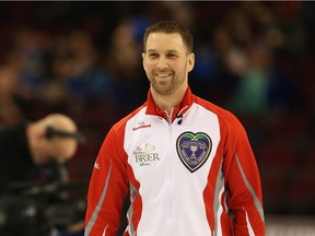 Skip Brad Gushue of Team Newfoundland and Labrador is all smiles after his team's win against Team Alberta during the Tim Horton's Brier held at TD Place in Ottawa, March 08, 2016.
