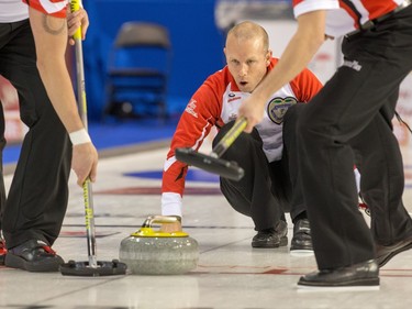 Skip of Team Canada Pat Simmons watches his shot as the Tim Horton's Brier continues on Sunday at TD Place in Ottawa.