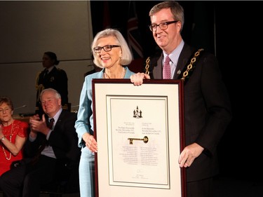 Supreme Court of Canada Chief Justice Beverley McLachlin was presented the Key to the City by Ottawa Mayor Jim Watson at a ceremony with Governor General David Johnston and his wife, Sharon.