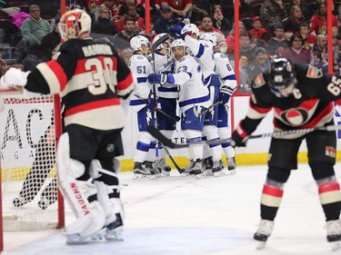 Tampa players celebrate the first goal in the second period as the Ottawa Senators take on the Tampa Bay Lightning in NHL action at the Canadian Tire Centre in Ottawa.