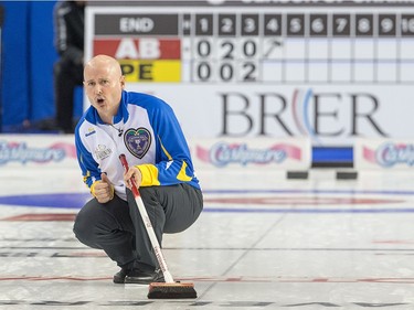Team Alberta skip Kevin Koe shouts as the Tim Hortons Brier continues on Sunday, March 6, 2016 at TD Place in Ottawa.