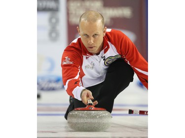 Team Canada Skip Pat Simmons throws against Team Quebec during his match at the Tim Hortons Brier at TD Place in Ottawa, March 05, 2016.