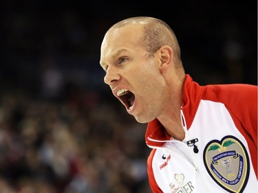 Team Canada Skip Pat Simmons yells during his match against Team Quebec at the Tim Hortons Brier at TD Place in Ottawa, March 05, 2016.