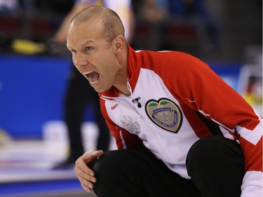 Team Canada Skip Pat Simmons yells during his match against Team Quebec at the Tim Hortons Brier at TD Place in Ottawa, March 05, 2016.