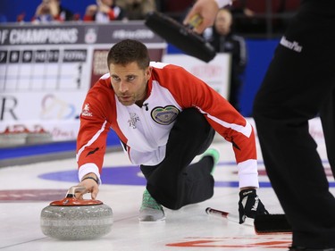 Team Canada Third John Morris throws his stone during his match against Team Quebec at the Tim Hortons Brier at TD Place in Ottawa, March 05, 2016.