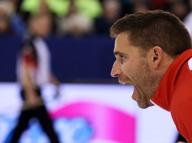 Team Canada Third John Morris yells during his match against Team Quebec at the Tim Hortons Brier at TD Place in Ottawa, March 05, 2016.