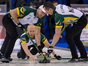Team Northern Ontario skip Brad Jacobs follows his shot during round-robin play at the Brier in Ottawa on Friday, March 11, 2016. 'Our team in the playoffs will be laser-focused,' he said. 'There won’t be too much chit-chat with anyone.'