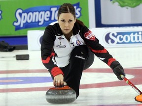 Team Ontario skip Jenn Hanna delivers a rock during the morning draw on Friday February 26, 2016 at the Scotties Tournament of Hearts at Revolution Place in Grande Prairie, Alta.