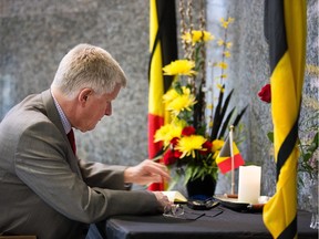 The British High Commissioner Howard Drake expresses his thoughts in the Book of Condolences as the Belgian Embassy invited those who wished to express their solidarity with Belgium and to show support to the victims of the attacks in Brussels by signing the book located in the lobby of Constitution Square where the embassy is located.