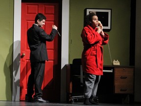 Tobias Gilmore played by Alessandro Reyes (L), and Marsha Gilmore played by Adesia Destouche (R), during Brookfield High School's Cappies production of Let's Murder Marsha.