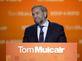 NDP Leader Tom Mulcair speaks to supporters on election night, Oct. 19, 2015 in Montreal.