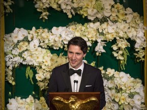 Prime Minister Justin Trudeau addresses a state dinner with US President Barack Obama Thursday, March 10, 2016 in Washington. THE CANADIAN PRESS/Paul Chiasson ORG XMIT: pch166