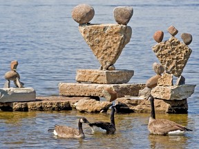 Ottawa artist John Ceprano has been building sculptures by balancing rocks at Remic's Rapids for decades. He has liability coverage but notes people should be aware that rocks and shorelines aren't entirely safe, he said.