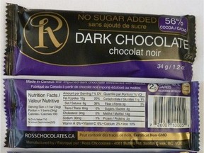 The Canada Food Inspection Agency has issued a recall warning for Ross Chocolates' brand No Sugar Added Dark Chocolate because they may contain milk which isn't declared on the label.