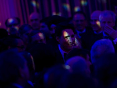 Canadian Prime Minister Justin Trudeau arrives to see Singer Sara Bareilles and Washington Performing Arts Children of the Gospel Choir perform after a state dinner at the White House March 10, 2016 in Washington, DC. /