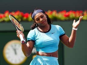Serena Williams reacts during the women's final at the BNP Paribas Open. It was a two-set match.