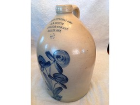 This pottery jug was made for a Mr. Shantz at the Brantford pottery of W.E. Welding, likely between 1873 and 1894.