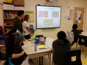 Young pupils at Wabannutao Eeyou School in Eastmain, Que. learn the dirty details about germs from University of Ottawa graduate students.