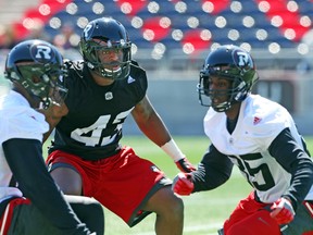 #43 Ladarius Owens of the Ottawa RedBlacks follows the play between #85 Armon Binns  (R)  and #84 John Harris  during a mini camp at TD Place in Ottawa, April 24, 2016.