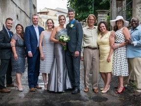 Bride Luce Lepage and groom Michael Mayer, centre, celebrate their wedding at Villa d’Abruzzo with Jake Rupert and Lisa Grassi-Blas, fourth and third from right.