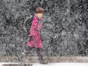 A pedestrian walks along Lisgar Street as the expected snow begins to fall in April, 2016.