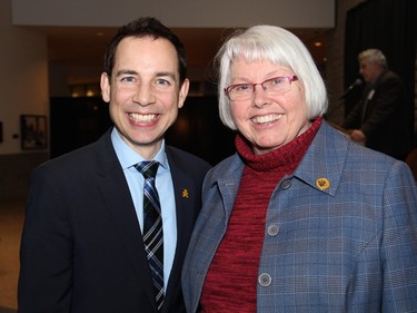 Alex Munter, president and CEO of the Children's Hospital of Eastern Ontario, seen with Kanata North Councillor Marianne Wilkinson, served as MC for the 20th anniversary celebration and fundraiser for the Debra Dynes Family House, held at Ottawa City Hall on Wednesday, April 6, 2016.