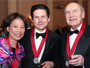 Authors Denise Chong, Joseph Heath and David Halton at the Politics and Pen dinner held at the Fairmont Chateau Laurier on Wednesday, April 20, 2016, in support of The Writers' Trust of Canada.