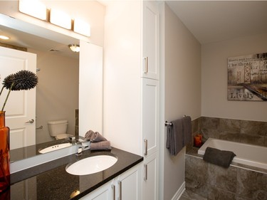 The bathroom in the one-bedroom is roomy enough for a separate tub and shower.