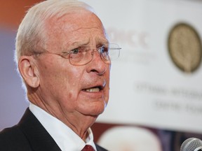 Bryan Murray, Ottawa Senators' general manager, speaks during a fundraising drive, Changing How We Live With Cancer, an Ottawa Integrated Cancer Centre campaign sponsored by the Ottawa Senators Foundation at the Canadian Tire Centre Wednesday, April 6, 2016.