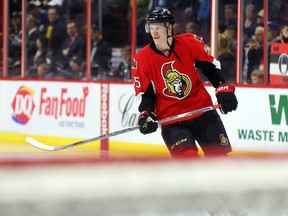 Buddy Robinson of the Ottawa Senators skates alone during warm up prior to his team's game against the Pittsburgh Penguins at Canadian Tire Centre in Ottawa, April 05, 2016.   Photo by Jean Levac