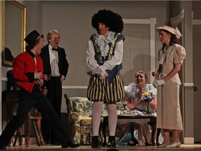 Bellhop played by Mack Franklin, left, Saunders played by Adrian Shearman, 2nd front left, Max played by Levi Albert, 3rd front left,  and Julia played by Allison Carson, 4th front left, and Maggie played by Kayliegh Irvin, right, during Almonte District High School's Cappies production of Lend Me A Tenor.