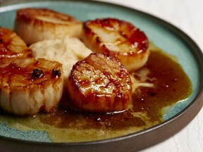 Cider-Glazed Seared Scallops with Cauliflower Purée, from Flavorwalla.