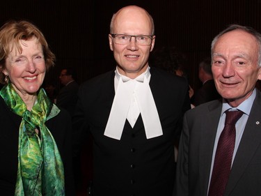 Claudia Buckley with Speaker of the House of Commons Geoff Regan and retired Vice Admiral Larry Murray, grand president of the Royal Canadian Legion, at the launch of the governor general's new book, The Idea of Canada: Letters to a Nation, held at the National Arts Centre on Tuesday, April 19, 2016. (Caroline Phillips / Ottawa Citizen)