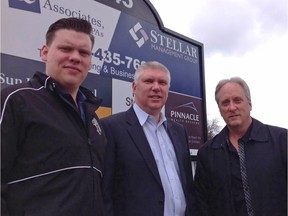 Stellar Management Group's Dale Hein, centre, is spearheading the plan to build a not-for-profit, two-pad arena in Carp to help sports groups led by people like son Eric Hein, left, convenor of the Capital Recreation Hockey League, and Jim Perkins, co-founder of the Capital City Condors, a hockey program for players with special needs