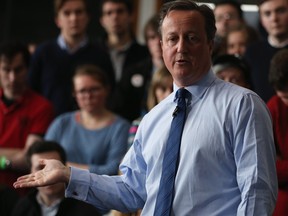British Prime Minister David Cameron addresses students at Exeter University on April 7, 2016 in Exeter, England. The Government have announced that every household in the country will receive a taxpayer-funded leaflet on the referendum setting out the case for Britain to remain in the European Union. The UK will vote on whether or not to remain in the European Union on June 23, 2016.