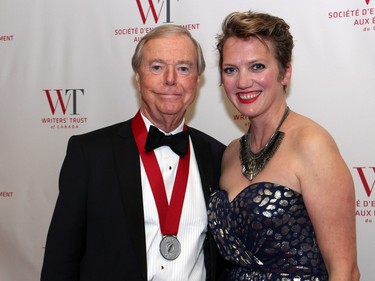 Don Newman with Politics and Pen gala committee member Elizabeth Gray-Smith, ?senior content strategist at Bluesky Strategy Group, at this year's dinner held at the Fairmont Chateau Laurier on Wednesday, April 20, 2016, in support of The Writers' Trust of Canada.