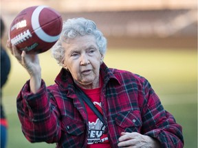 Doris Zastre, 85, throws the ball as the Ottawa Redblacks coaching staff and players invited women to join them at TD Place for a night of football strategy and fun last year.