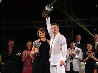 Dr. Erin Keely and her dance partner, Vadim Safonov from Arthur Murray Dance Studio hold up the coveted Medicine Ball Award after winning it during the 2016 Dancing with the Docs gala presented by the Department of Medicine and held at the Hilton Lac-Leamy on Saturday, April 2, 2016, in support of two causes: the Patient Urgent Needs Fund and the creation of a Chair in Advanced Stem Cell Therapy.